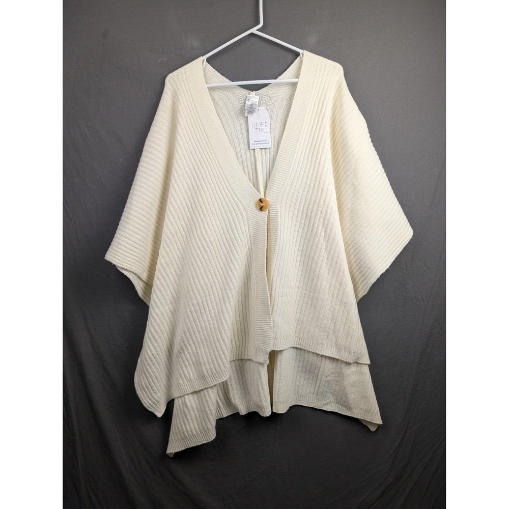 Time and Tru Ivory Ribbed Knit Ruana Button Front Poncho One Size - Picture 7 of 8